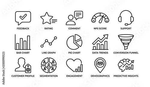 Feedback and analytics icons showing user metrics and charts