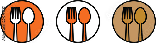 Fork and spoon icon set, vector dining icons in orange and yellow colors representing restaurant food service meal and culinary UI design elements.
