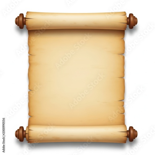 An aged parchment scroll with wooden rollers isolated against a plain white background surface.