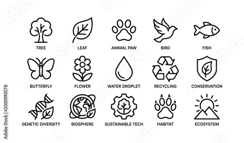 Nature and conservation icons arranged in grid on white background