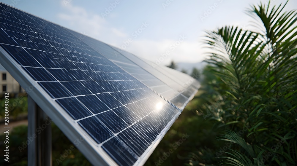 Fototapeta premium Solar photovoltaic panels are installed in a lush natural setting capturing sunlight energy against vibrant green tropical foliage under a clear sky
