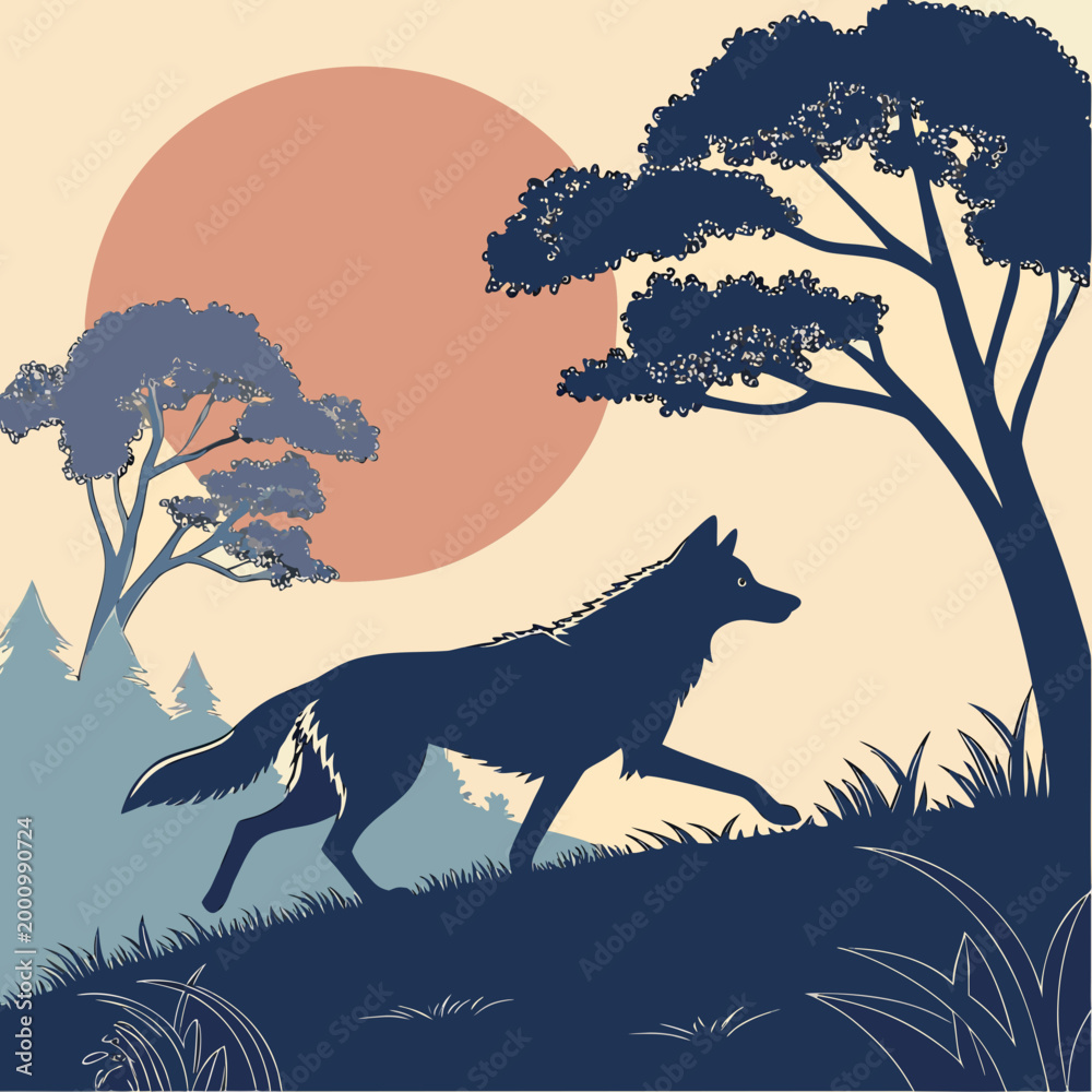Fototapeta premium Stylized wolf silhouette walking through forest landscape at sunset