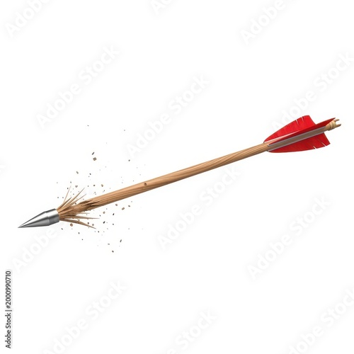 A detailed illustration of a wooden arrow with a sharp metal tip and bright red fletching feathers