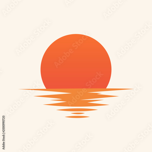 Konstfotografi Orange sun over calm water with reflection minimalist vector background