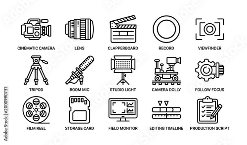 Film production equipment icons arranged in a grid on white