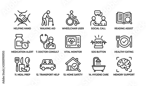 Care and support icons displaying assistance services in grid