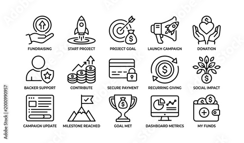 Fundraising icons representing crowdfunding and project goals