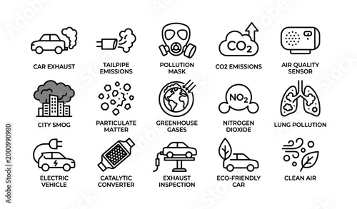 Air pollution and emissions icon set showing environmental themes