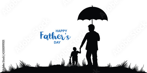 Father's day silhouette a loving father and son walking in the rain
