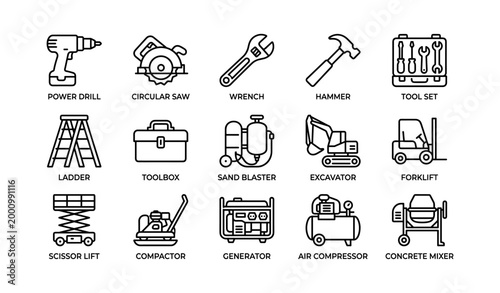 Construction tool icons showing equipment and machinery on white