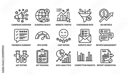 Marketing metrics icons showing reports on white background