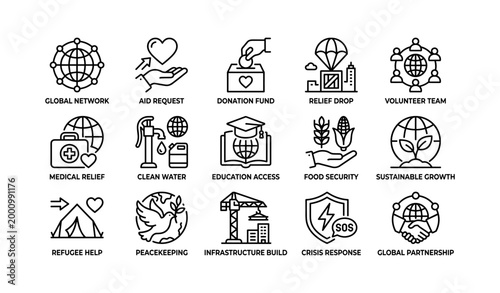 Humanitarian aid icons displayed in grid on white background