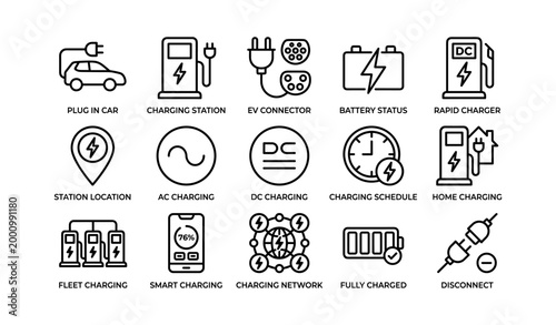 Electric vehicle charging icons with stations connectors and status
