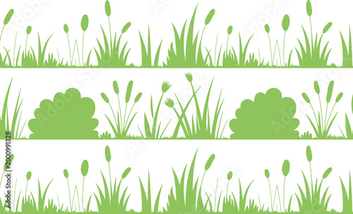 Grass, and bush silhouette collection, vector set of green foliage and plant shapes for landscape decoration nature backgrounds and graphic design.