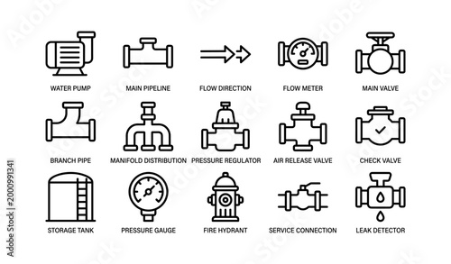 Water system icons showing pumps valves meters and pipeline components