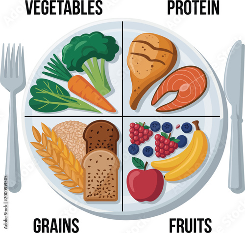 Balanced Nutrition Plate with Food Groups for Healthy Eating Vector Illustration