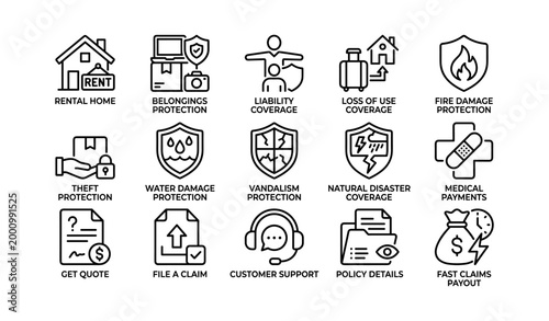 Insurance icons showing rental home and protection types in grid