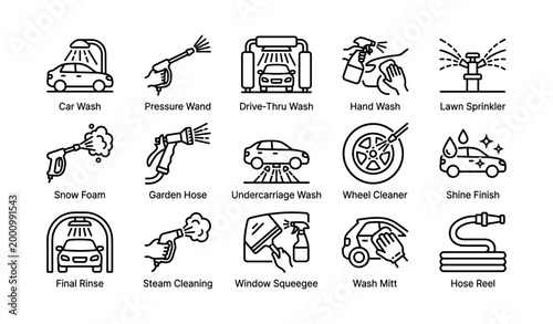 Car wash service icons arranged in grid on white background