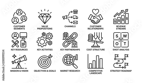 Business model and strategy icons grid for planning and analysis
