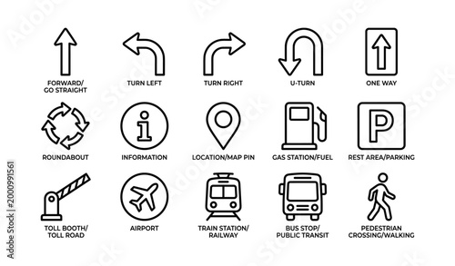 Road navigation and transport icons grid with directional symbols