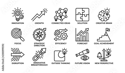 Innovation and strategy icons representing ideas and growth on white