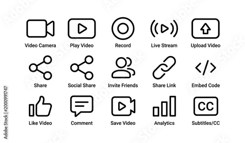Video social icons showing playback and sharing controls on white backdrop