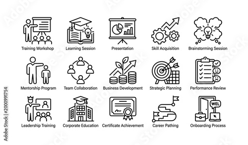 Training and learning icons showing workshops courses and reviews