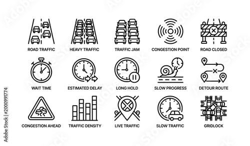 Traffic icons illustrating congestion and delay indicators on white