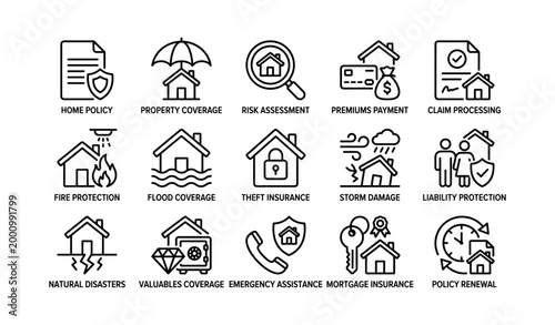 Home insurance and coverage icons for protection services in grid