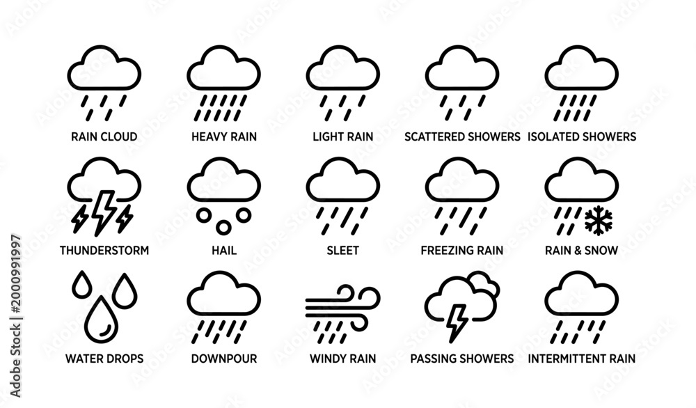 Fototapeta premium Rain and precipitation icons showing various shower types and storms
