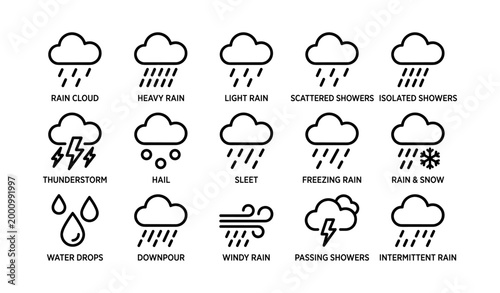Rain and precipitation icons showing various shower types and storms
