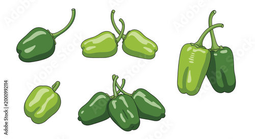 A diverse collection of green bell peppers, showcasing various sizes and shades, clustered together and individually, highlighting their fresh and versatile culinary use.