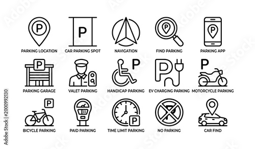 Parking icons set displayed in grid on white background