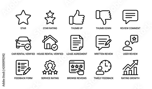 Icon set showing review and verification symbols on white background