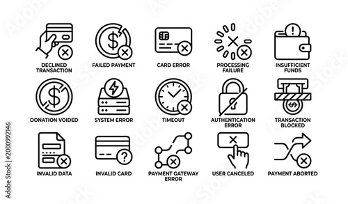 Payment error icons showing declined and failed transactions