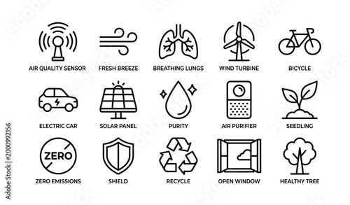 Environmental icons set displayed in grid on white background