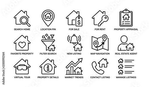 Real estate icons showing search, listings and navigation features