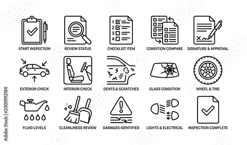 Vehicle inspection icons showing checklist and condition items
