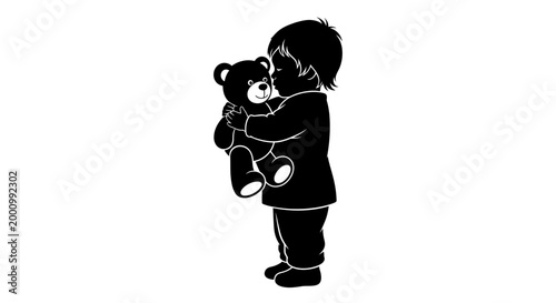 Silhouette illustration of a young child holding a teddy bear.