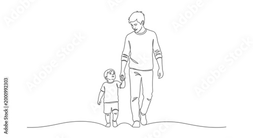 Line art illustration of a father holding his young son hand while walking.