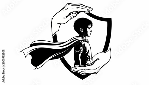 Black and white illustration of a protected superhero child.