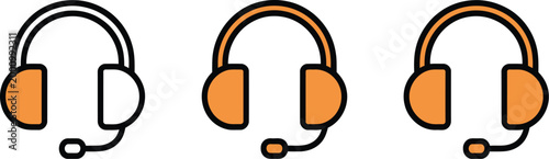 Headset icon set, vector communication icons in orange and yellow colors representing customer service call center support and audio interface design elements.