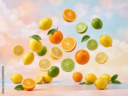 Fresh lemons, oranges, and limes float in a dreamy pastel scene with sliced citrus and green leaves. Bright, juicy composition evokes summer freshness, healthy food, and vibrant advertising appeal.