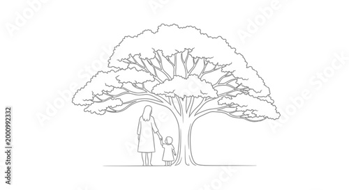 Continuous line art illustration of a mother and child standing under a large tree.