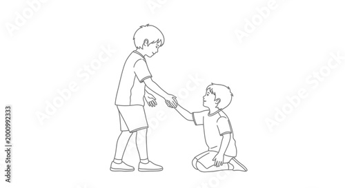 A line art illustration of a young boy helping his friend stand up.