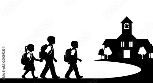 Silhouette of three young students walking to school with backpacks.