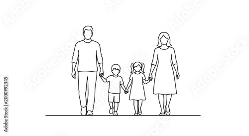 Black and white line art illustration of a happy family walking together holding hands.