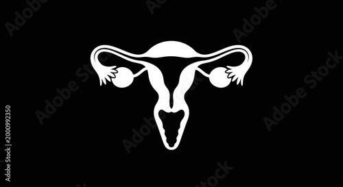Minimalist white icon of human female reproductive system on black background.
