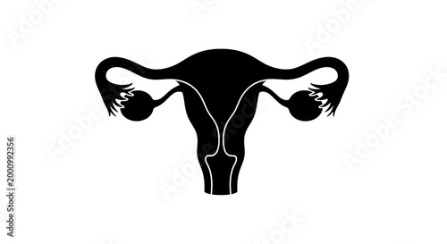Black and white illustration of the human female reproductive system anatomy.