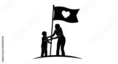 Silhouette of a mother and child holding a heart flag.